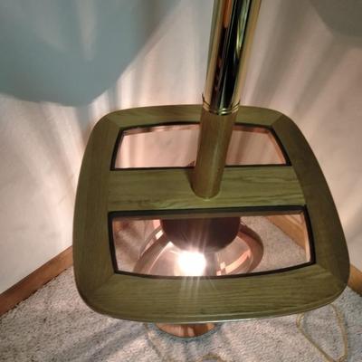 3 way decorative glass paned Oak and brass table lamp with lamp shade