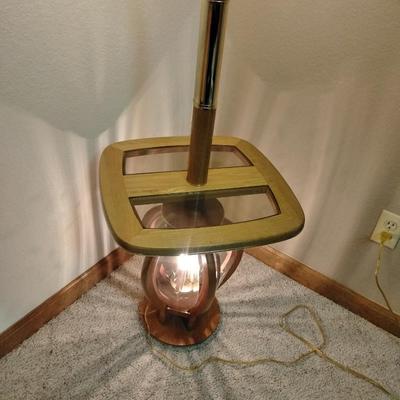 3 way decorative glass paned Oak and brass table lamp with lamp shade