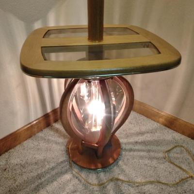 3 way decorative glass paned Oak and brass table lamp with lamp shade