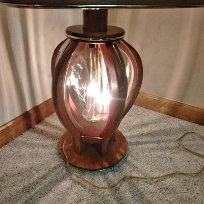 3 way decorative glass paned Oak and brass table lamp with lamp shade