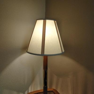 3 way decorative glass paned Oak and brass table lamp with lamp shade