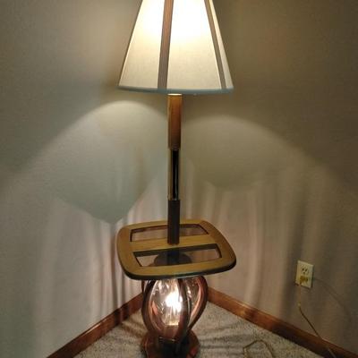 3 way decorative glass paned Oak and brass table lamp with lamp shade