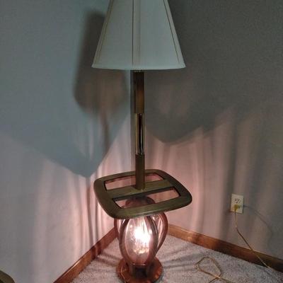 3 way decorative glass paned Oak and brass table lamp with lamp shade