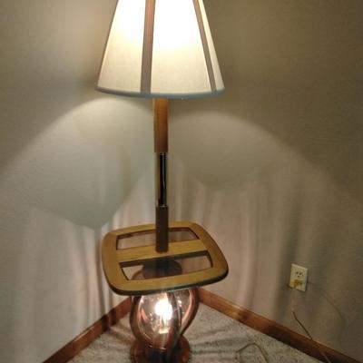 3 way decorative glass paned Oak and brass table lamp with lamp shade