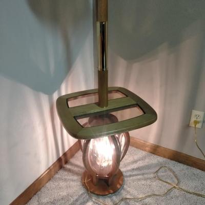 3 way decorative glass paned Oak and brass table lamp with lamp shade