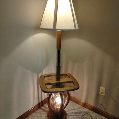 3 way decorative glass paned Oak and brass table lamp with lamp shade