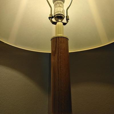 3 way decorative glass paned Oak and brass table lamp with lamp shade