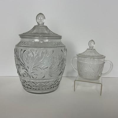 -221- GLASSWARE | Sandwich Hocking Glass Co. | Large Cookie Jar & Covered Sugar Dish