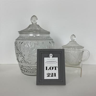 -221- GLASSWARE | Sandwich Hocking Glass Co. | Large Cookie Jar & Covered Sugar Dish