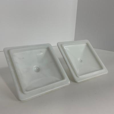 -230- GLASSWARE | Westmoreland Milk Glass Old Quilt Square | Covered Compotes