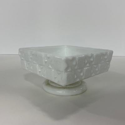 -230- GLASSWARE | Westmoreland Milk Glass Old Quilt Square | Covered Compotes