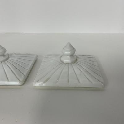 -230- GLASSWARE | Westmoreland Milk Glass Old Quilt Square | Covered Compotes