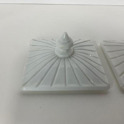 -230- GLASSWARE | Westmoreland Milk Glass Old Quilt Square | Covered Compotes