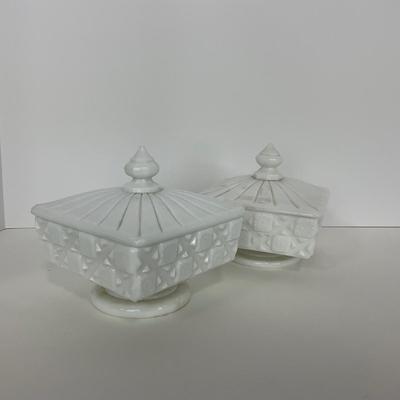 -230- GLASSWARE | Westmoreland Milk Glass Old Quilt Square | Covered Compotes
