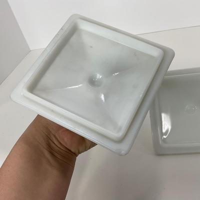 -230- GLASSWARE | Westmoreland Milk Glass Old Quilt Square | Covered Compotes