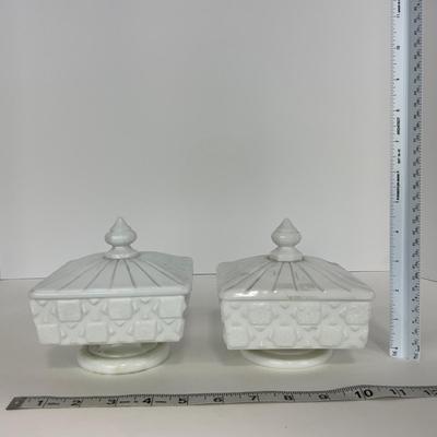 -230- GLASSWARE | Westmoreland Milk Glass Old Quilt Square | Covered Compotes