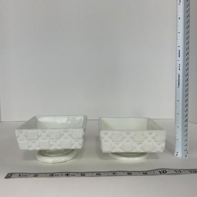 -230- GLASSWARE | Westmoreland Milk Glass Old Quilt Square | Covered Compotes