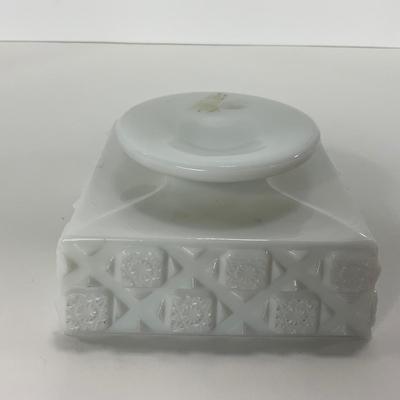 -230- GLASSWARE | Westmoreland Milk Glass Old Quilt Square | Covered Compotes