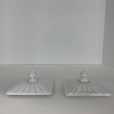-230- GLASSWARE | Westmoreland Milk Glass Old Quilt Square | Covered Compotes