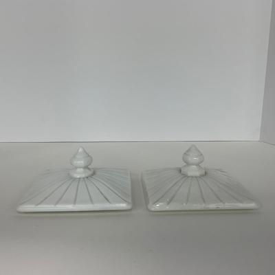 -230- GLASSWARE | Westmoreland Milk Glass Old Quilt Square | Covered Compotes