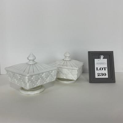 -230- GLASSWARE | Westmoreland Milk Glass Old Quilt Square | Covered Compotes