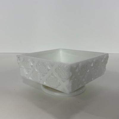 -230- GLASSWARE | Westmoreland Milk Glass Old Quilt Square | Covered Compotes