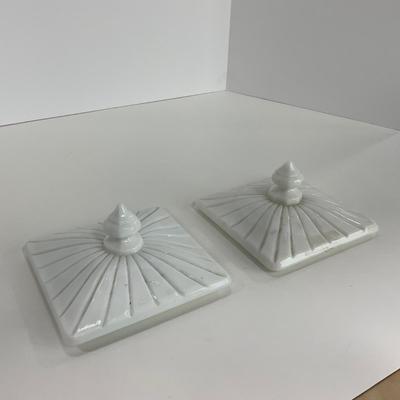 -230- GLASSWARE | Westmoreland Milk Glass Old Quilt Square | Covered Compotes