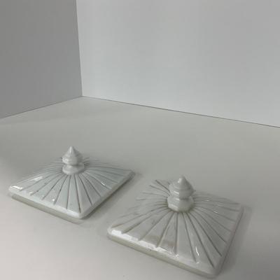-230- GLASSWARE | Westmoreland Milk Glass Old Quilt Square | Covered Compotes