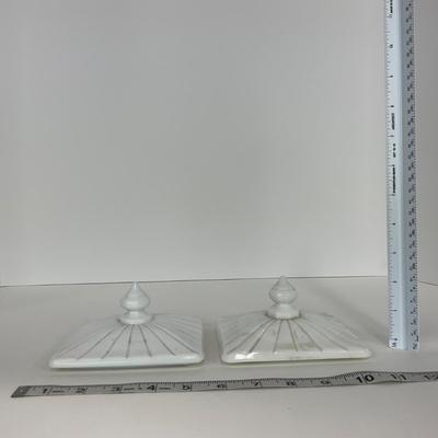 -230- GLASSWARE | Westmoreland Milk Glass Old Quilt Square | Covered Compotes