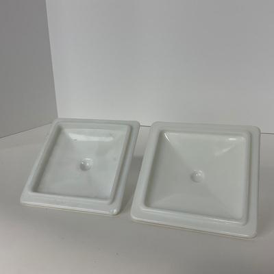 -230- GLASSWARE | Westmoreland Milk Glass Old Quilt Square | Covered Compotes