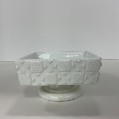 -230- GLASSWARE | Westmoreland Milk Glass Old Quilt Square | Covered Compotes