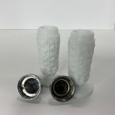 -233- GLASSWARE | Westmoreland Milk Glass Paneled Grape | Salt, Pepper, Covered Dish, & Creamer