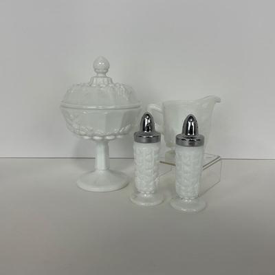 -233- GLASSWARE | Westmoreland Milk Glass Paneled Grape | Salt, Pepper, Covered Dish, & Creamer