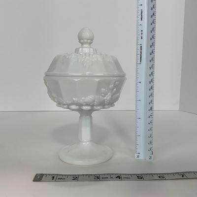 -233- GLASSWARE | Westmoreland Milk Glass Paneled Grape | Salt, Pepper, Covered Dish, & Creamer