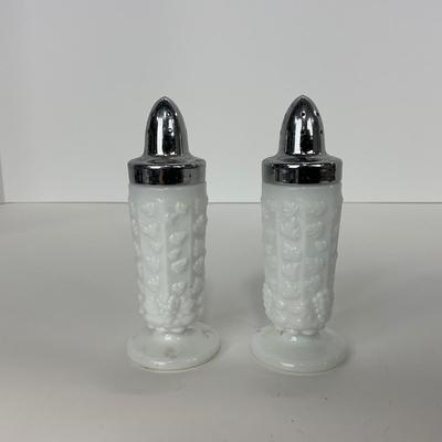 -233- GLASSWARE | Westmoreland Milk Glass Paneled Grape | Salt, Pepper, Covered Dish, & Creamer