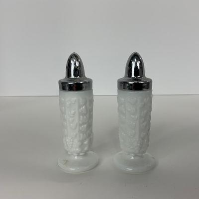 -233- GLASSWARE | Westmoreland Milk Glass Paneled Grape | Salt, Pepper, Covered Dish, & Creamer