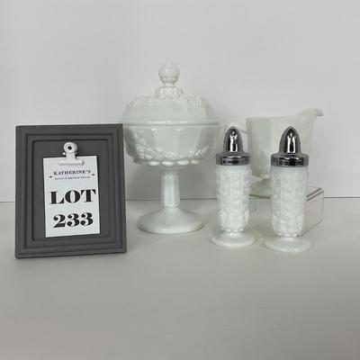 -233- GLASSWARE | Westmoreland Milk Glass Paneled Grape | Salt, Pepper, Covered Dish, & Creamer