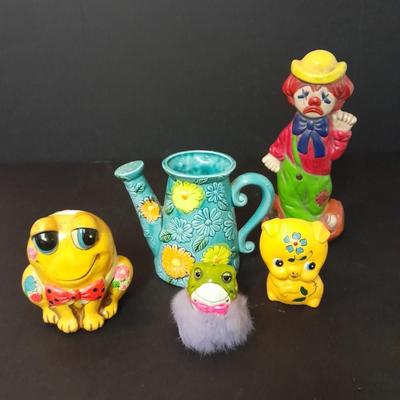Vintage & Antique Fun and colorful Ceramic figures turnabout two face clown and Decorative Japan Pitcher