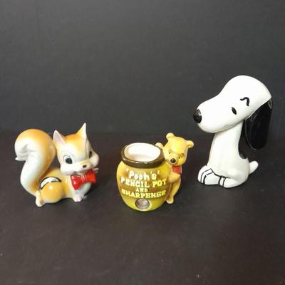 Vintage Snoopy, Pooh MCM Walt Disney productions Pencil sharpener, and Japan marked Chipmunk.