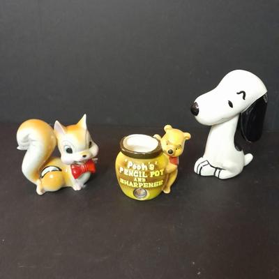 Vintage Snoopy, Pooh MCM Walt Disney productions Pencil sharpener, and Japan marked Chipmunk.