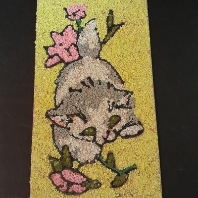 Vintage Hoptimist "Baby Bird" Mobile Two vintage 76' stuffed animals, and a sand art cat picture