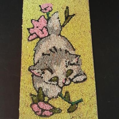 Vintage Hoptimist "Baby Bird" Mobile Two vintage 76' stuffed animals, and a sand art cat picture