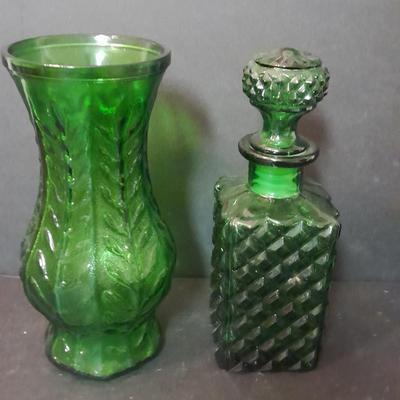 FTD Emerald Green glass vase, Italian green diamond cut decanter, and two small stained glass sun catchers