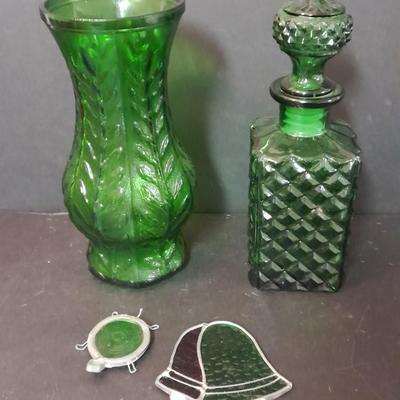 FTD Emerald Green glass vase, Italian green diamond cut decanter, and two small stained glass sun catchers