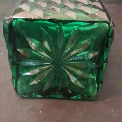 FTD Emerald Green glass vase, Italian green diamond cut decanter, and two small stained glass sun catchers