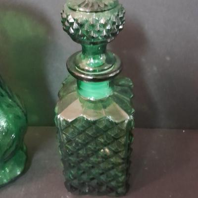 FTD Emerald Green glass vase, Italian green diamond cut decanter, and two small stained glass sun catchers