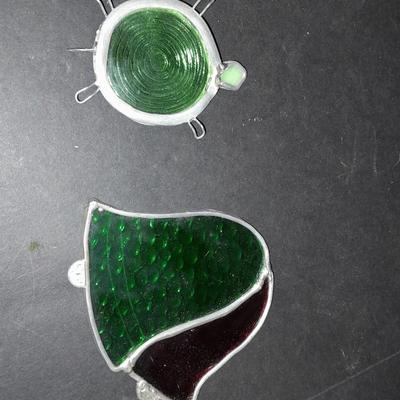 FTD Emerald Green glass vase, Italian green diamond cut decanter, and two small stained glass sun catchers