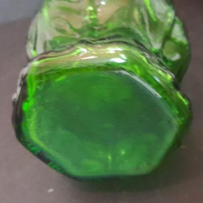 FTD Emerald Green glass vase, Italian green diamond cut decanter, and two small stained glass sun catchers