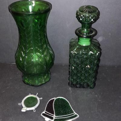 FTD Emerald Green glass vase, Italian green diamond cut decanter, and two small stained glass sun catchers