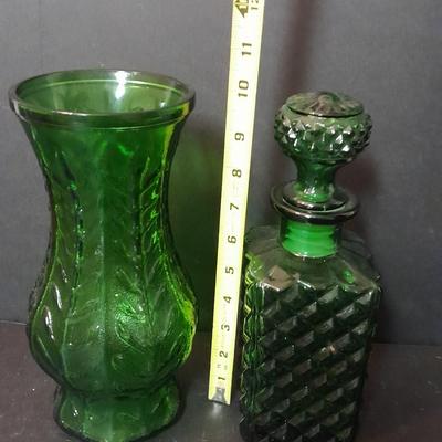 FTD Emerald Green glass vase, Italian green diamond cut decanter, and two small stained glass sun catchers